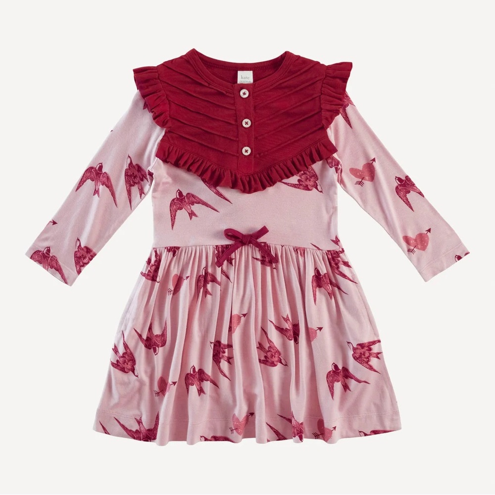 3-6m Kate Quinn bamboo Pink Red baby girl Dress birds hearts Valentines Day